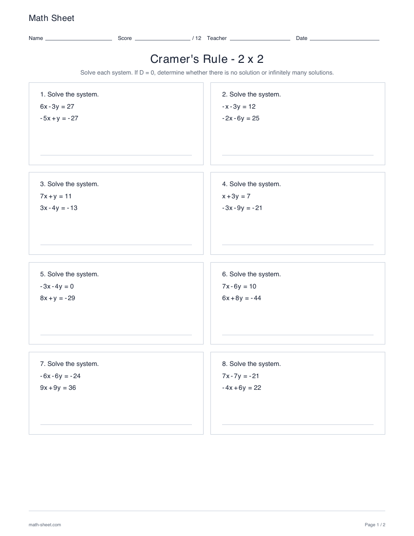 First page preview: Cramer's rule 2 × 2 worksheets