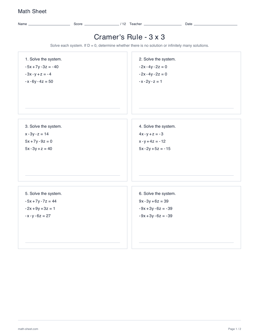 First page preview: Cramer's rule 3 × 3 worksheets
