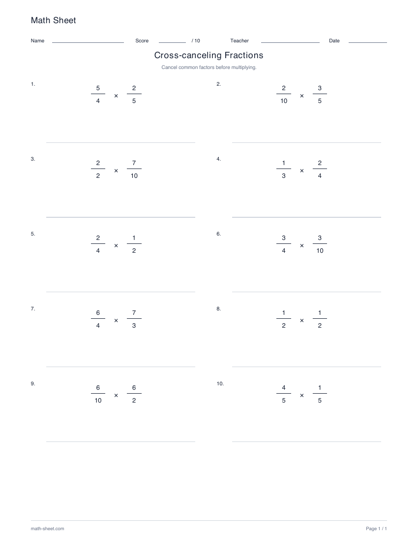 Printable cross-cancel before multiplying fractions worksheet preview