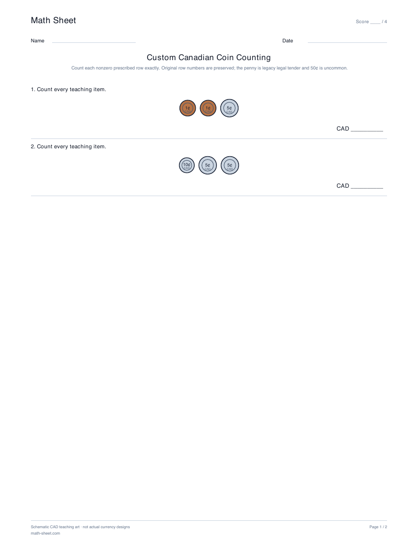 Printable custom canadian coin counting worksheet preview