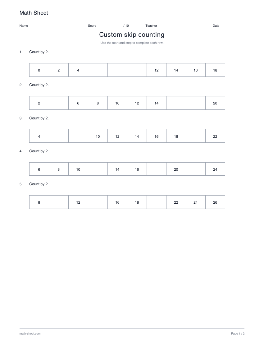 Printable custom skip counting worksheet preview