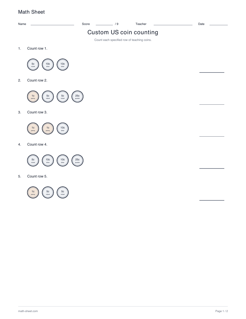 Printable custom us coin counting worksheet preview