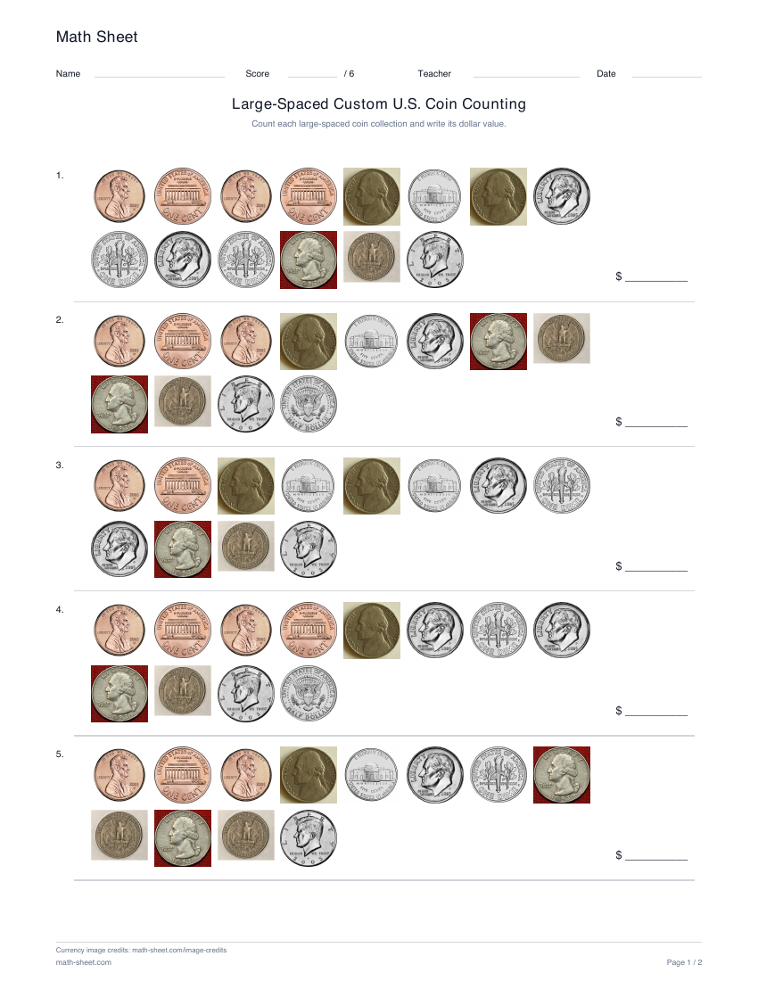 Printable custom u.s. coins with extra space worksheet preview