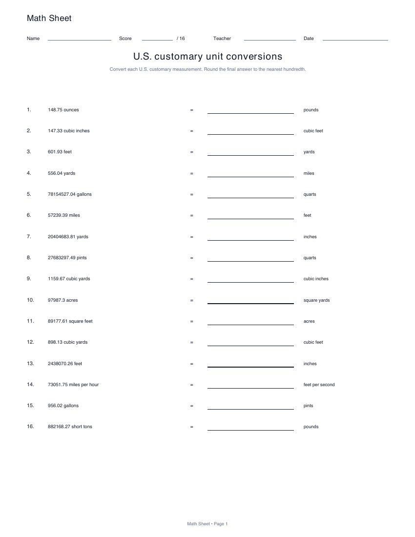 Printable u.s. customary unit conversions worksheet preview