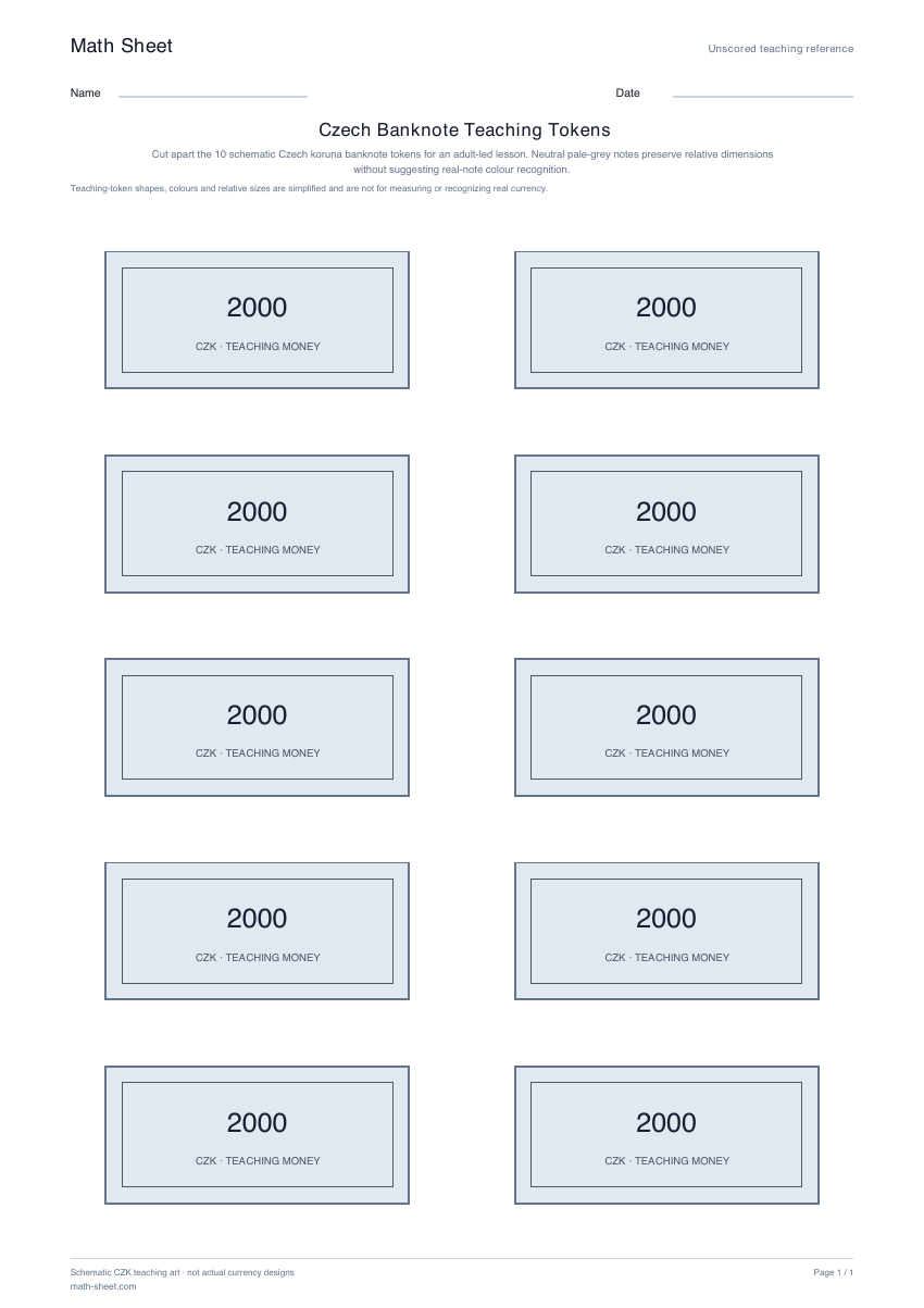 Printable czech banknote teaching tokens worksheet preview