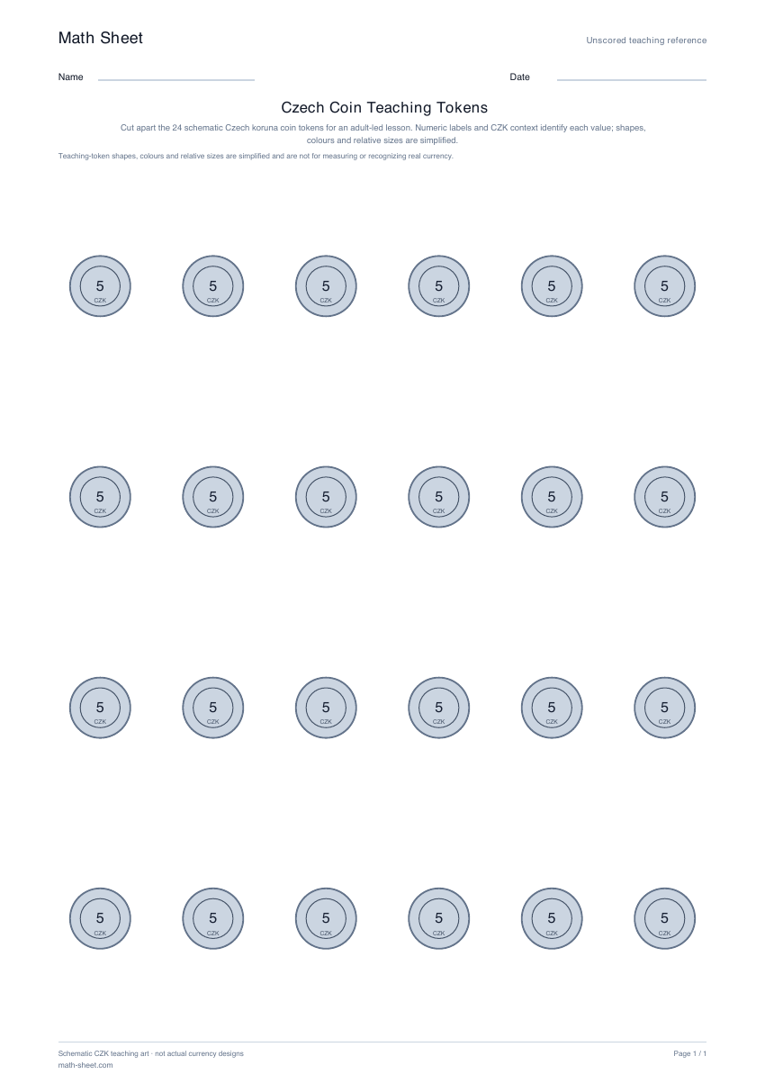 Printable czech coin teaching tokens worksheet preview
