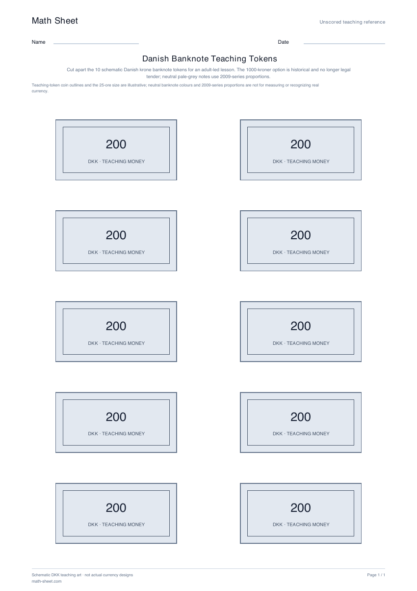 Printable danish banknote teaching tokens worksheet preview