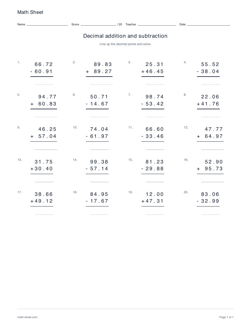 Printable decimal addition and subtraction worksheet preview