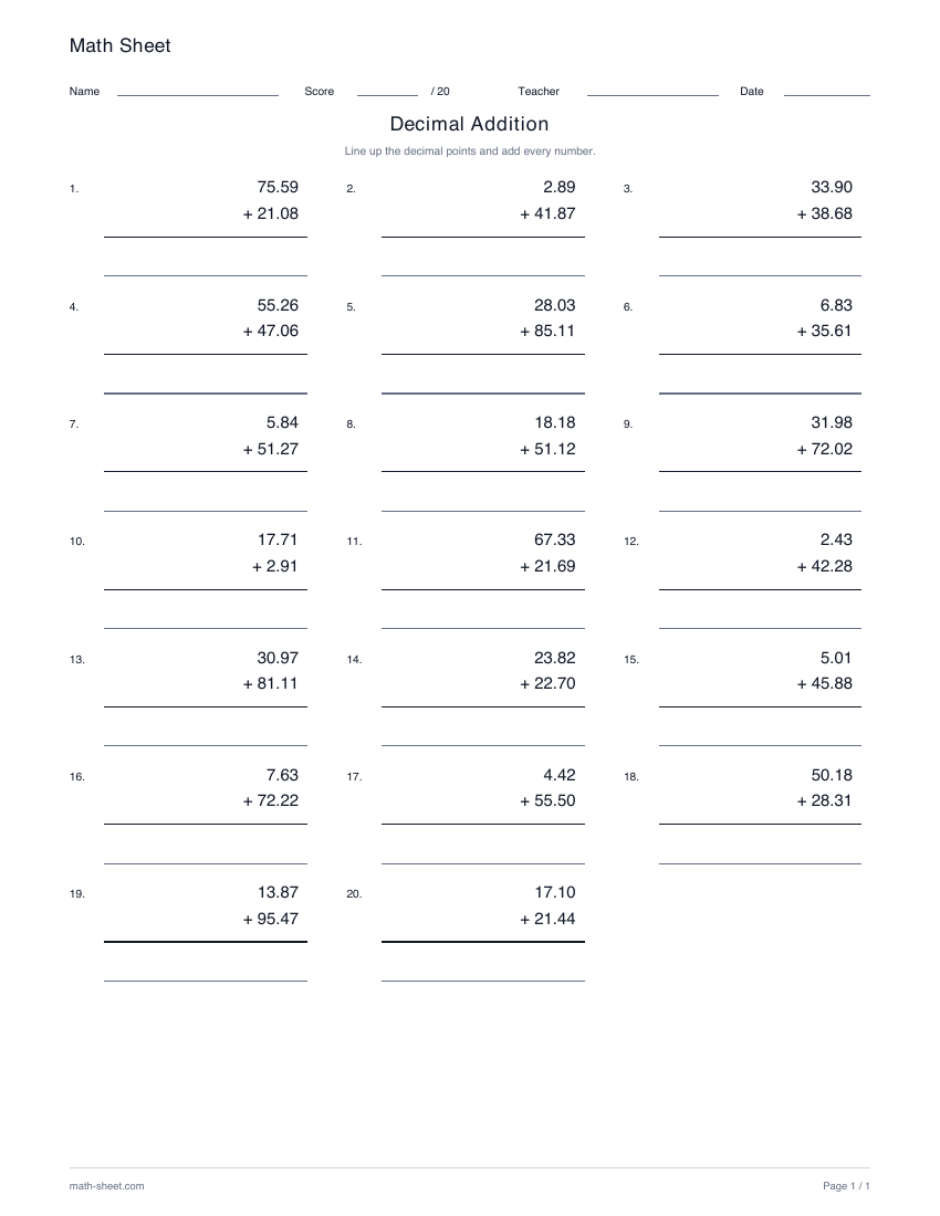 Printable adding decimals worksheet preview