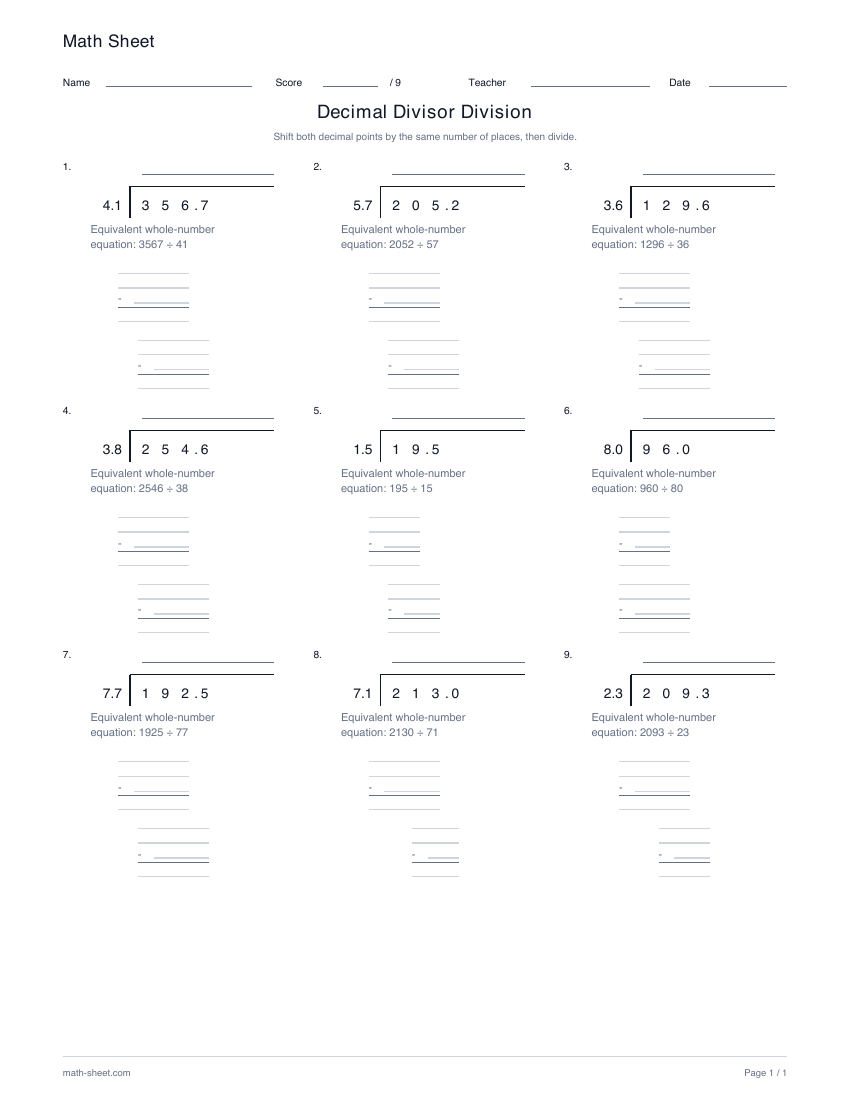 Printable division by a decimal divisor worksheet preview