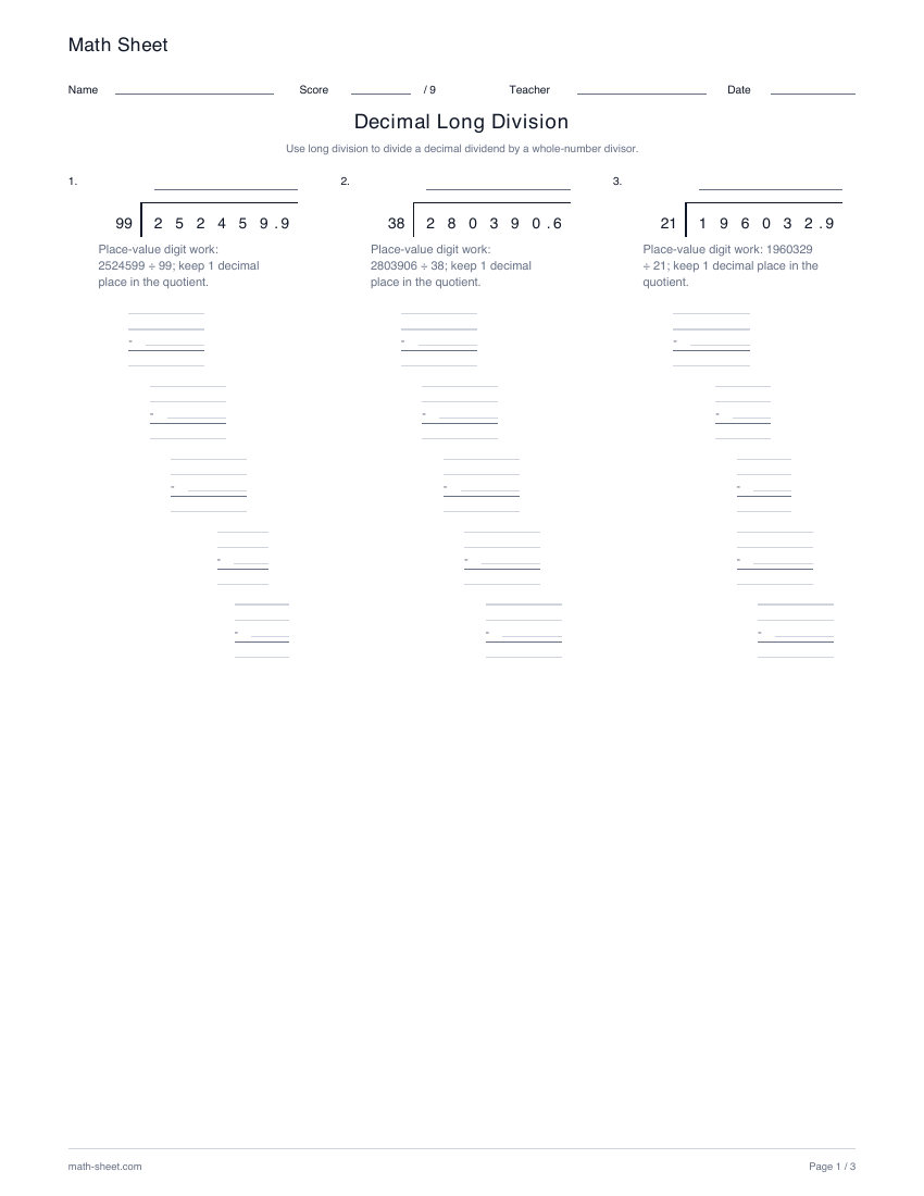 Printable dividing decimals worksheet preview