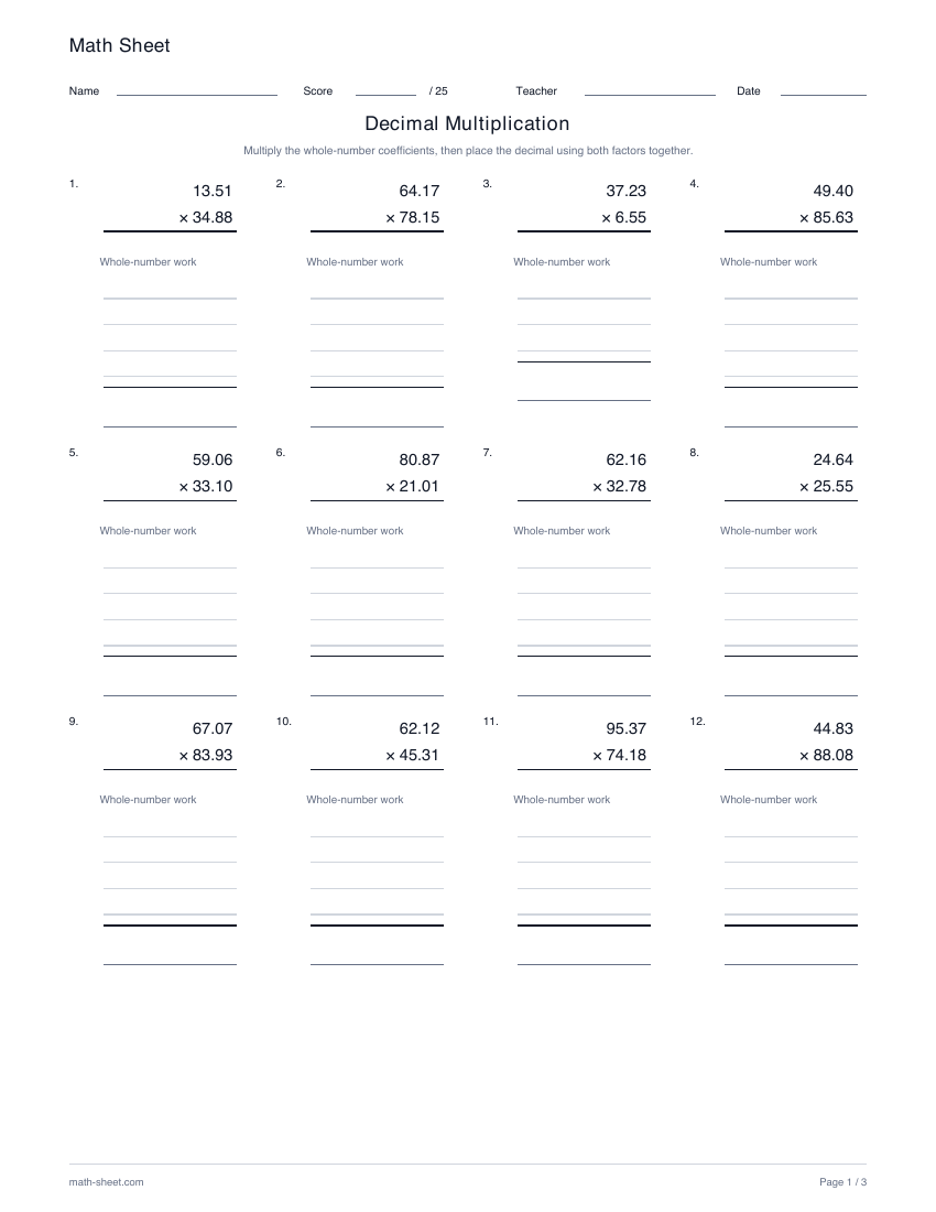Printable multiplying decimals worksheet preview