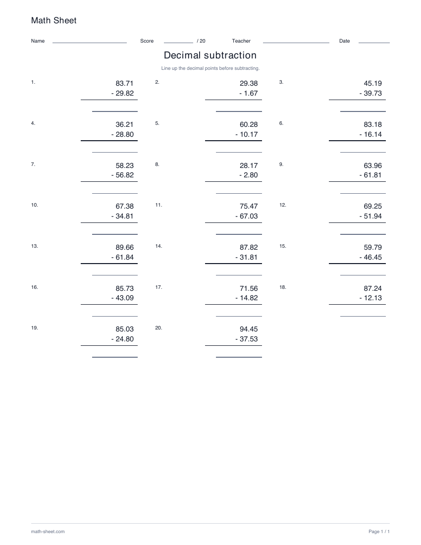 Printable decimal subtraction worksheet preview