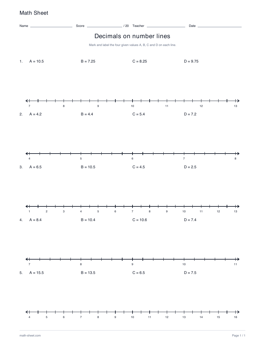 Printable decimals on number lines worksheet preview