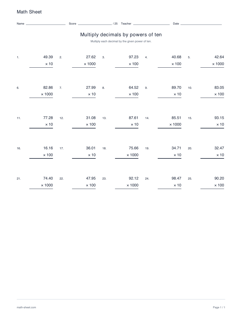 Printable multiplying decimals by powers of ten worksheet preview