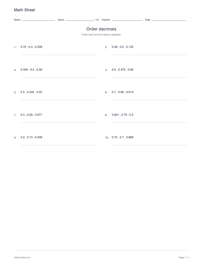 Printable ordering decimals worksheet preview