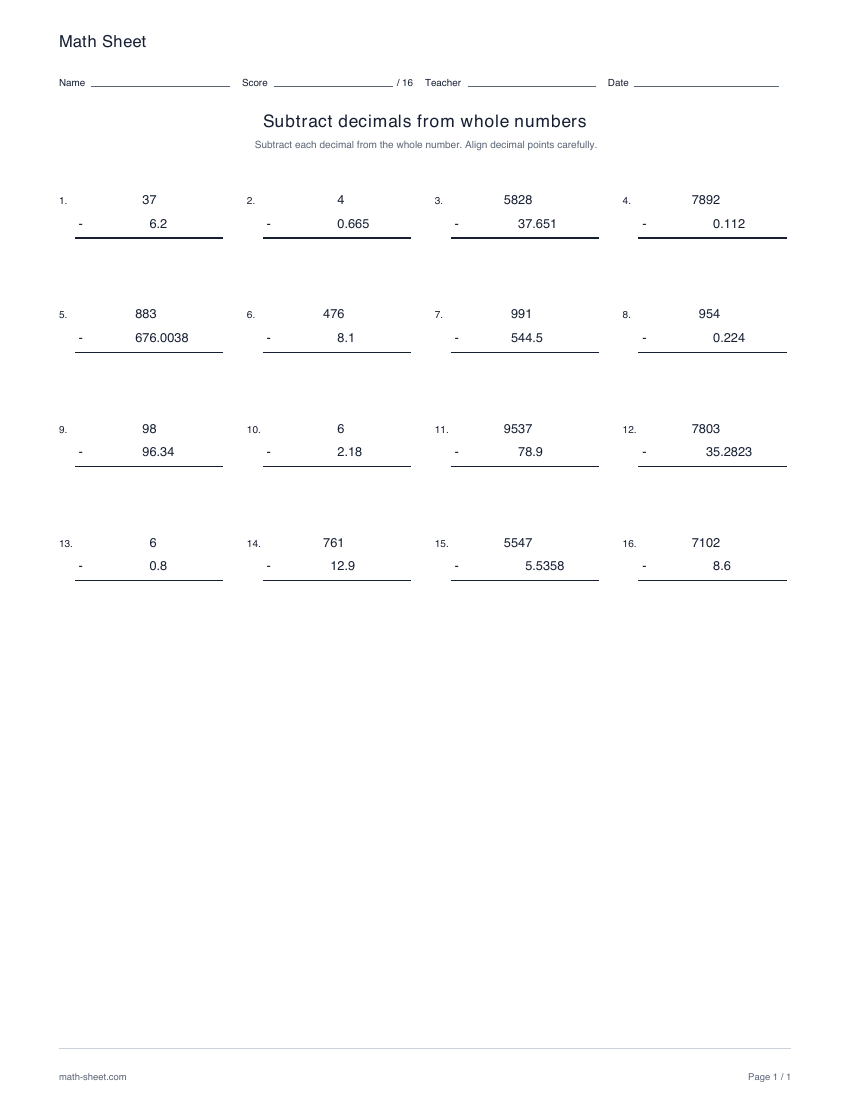 Printable subtracting decimals from whole numbers worksheet preview