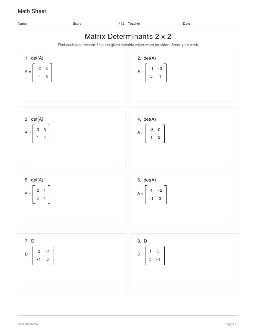 First page preview: 2 × 2 determinant worksheets