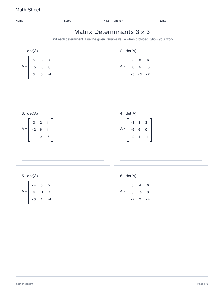 First page preview: 3 × 3 determinant worksheets