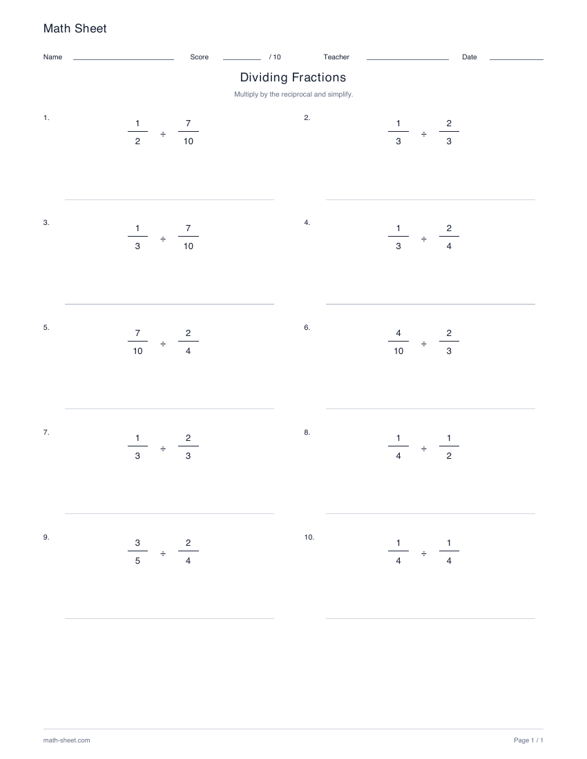 Printable dividing fractions worksheet preview