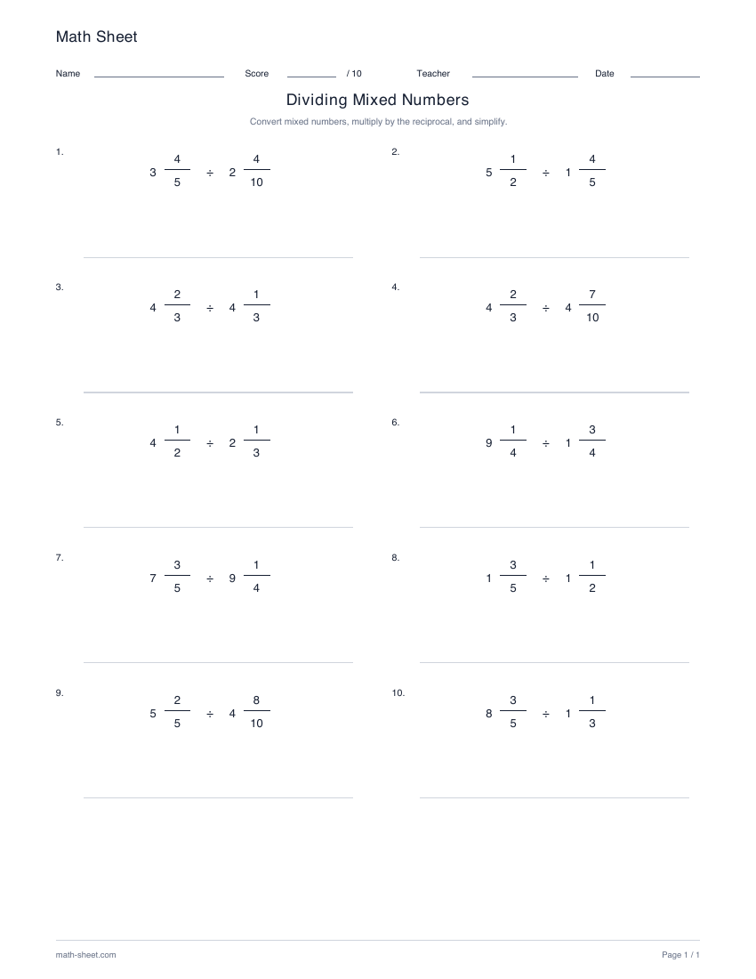 Printable divide mixed numbers worksheet preview