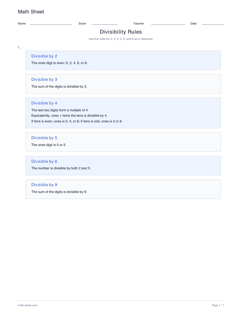 Printable divisibility rules worksheet preview