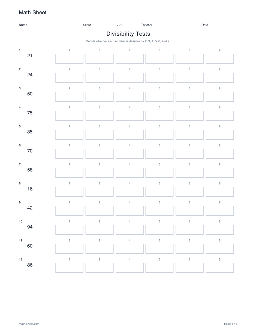 Printable divisibility tests worksheet preview