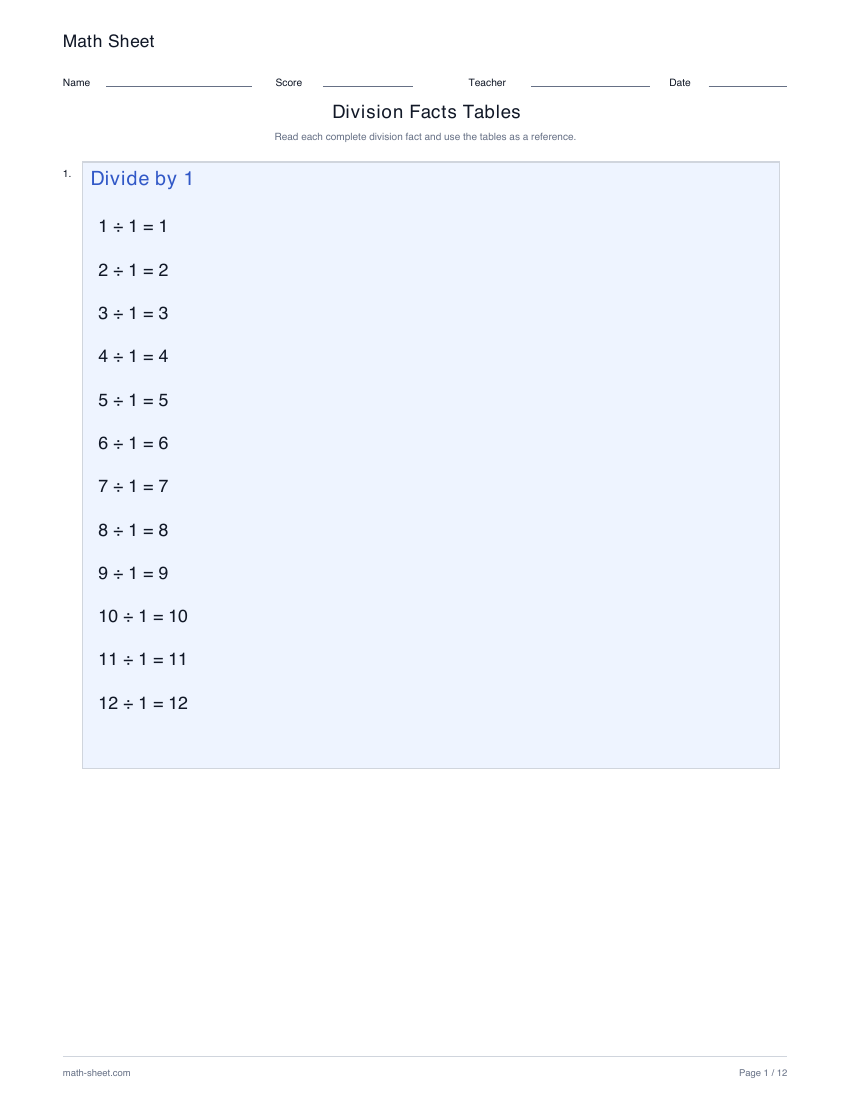 Printable division facts tables worksheet preview