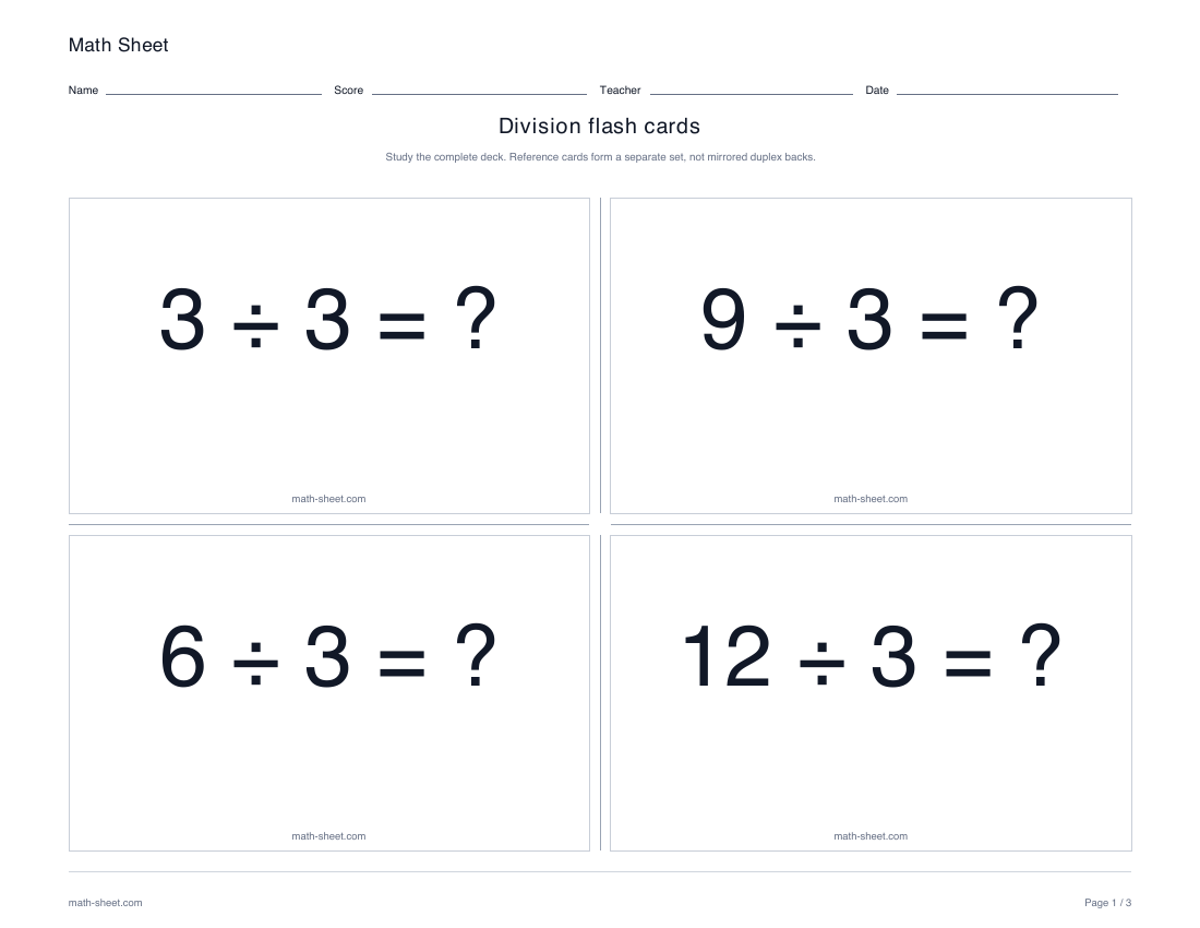 Printable division flash cards worksheet preview