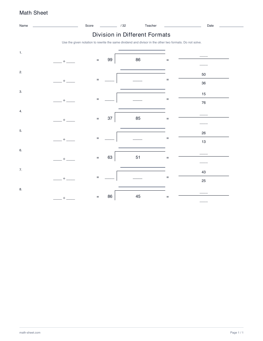 Printable equivalent division formats worksheet preview