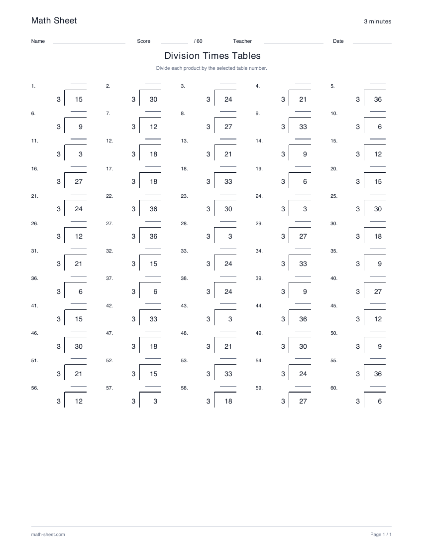 Printable division times-table drills worksheet preview