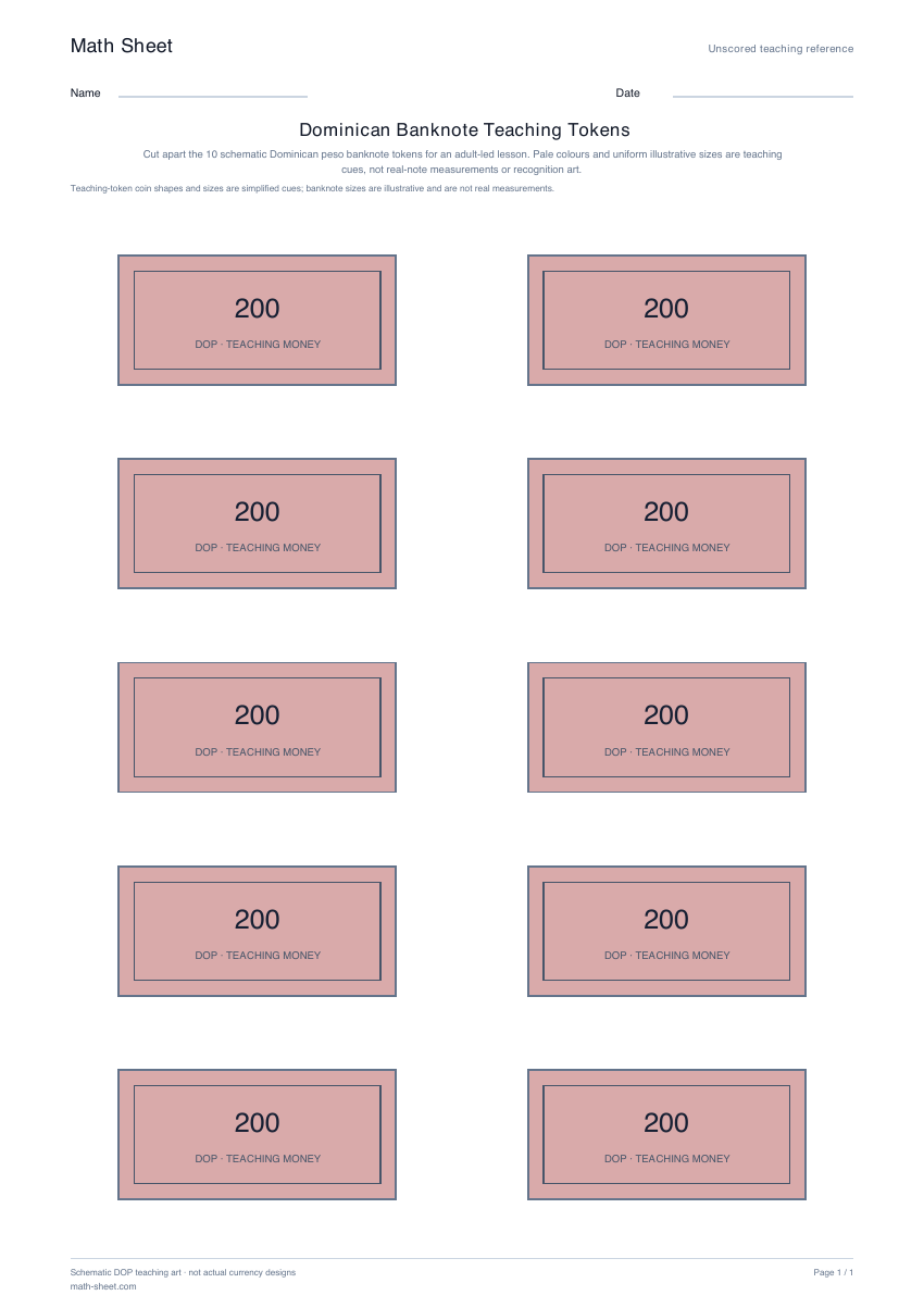 Printable dominican banknote teaching tokens worksheet preview