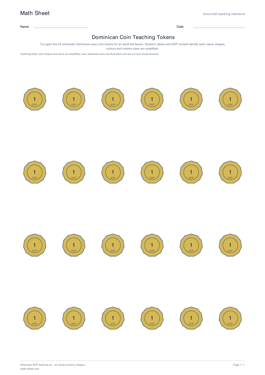 Printable dominican coin teaching tokens worksheet preview