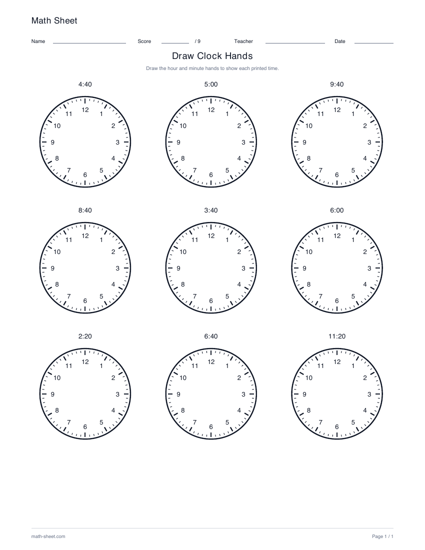 Printable draw clock hands worksheet preview