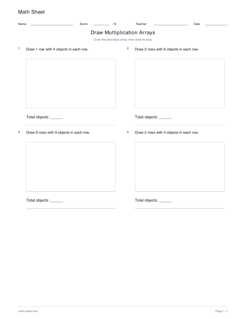 Printable draw multiplication arrays worksheet preview