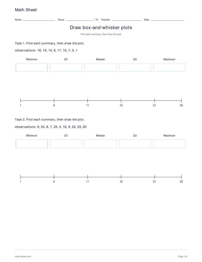 Printable draw box-and-whisker plots worksheet preview