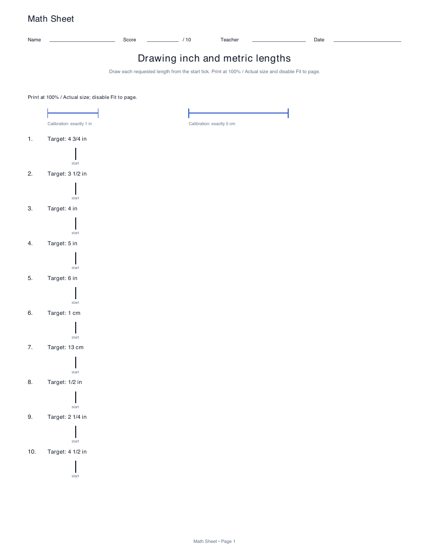 Printable drawing inch and metric lengths worksheet preview