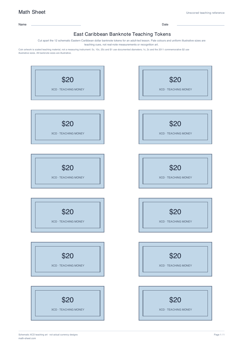 Printable east caribbean banknote teaching tokens worksheet preview