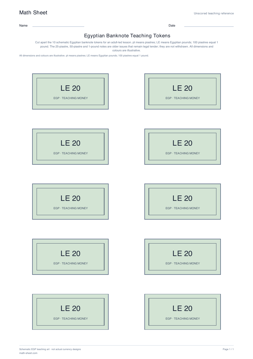 Printable egyptian banknote teaching tokens worksheet preview