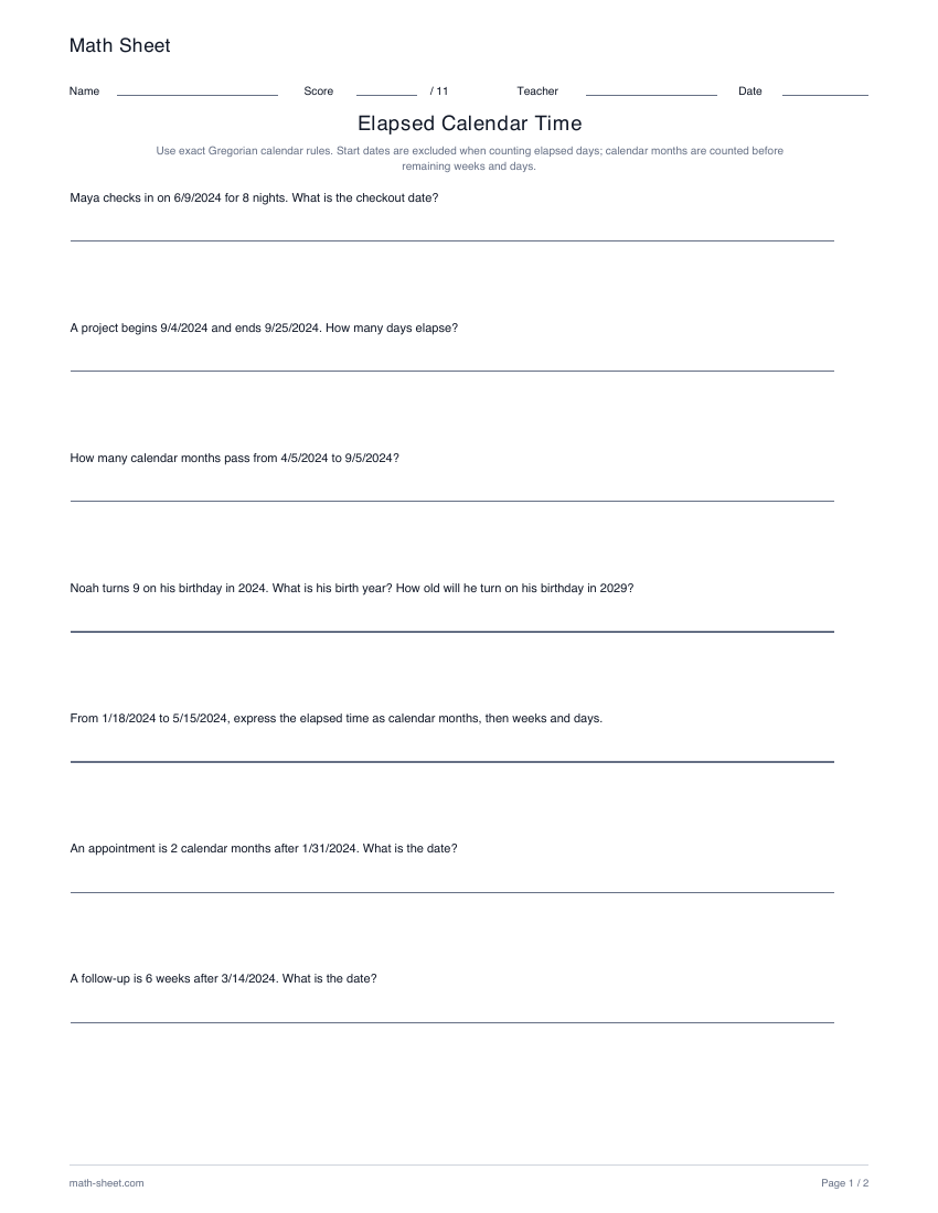 Printable elapsed calendar time worksheet preview