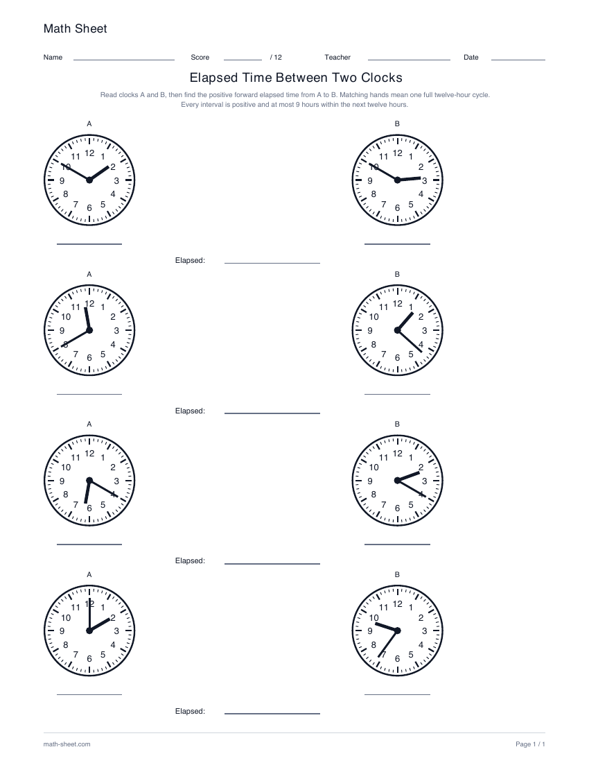 Printable elapsed time between two clocks worksheet preview