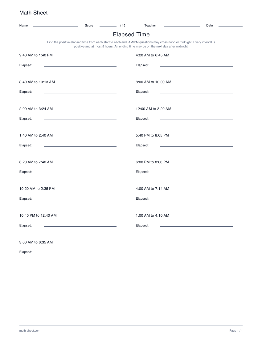 Printable elapsed time worksheet preview