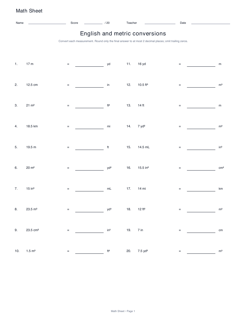 Printable english and metric conversions worksheet preview