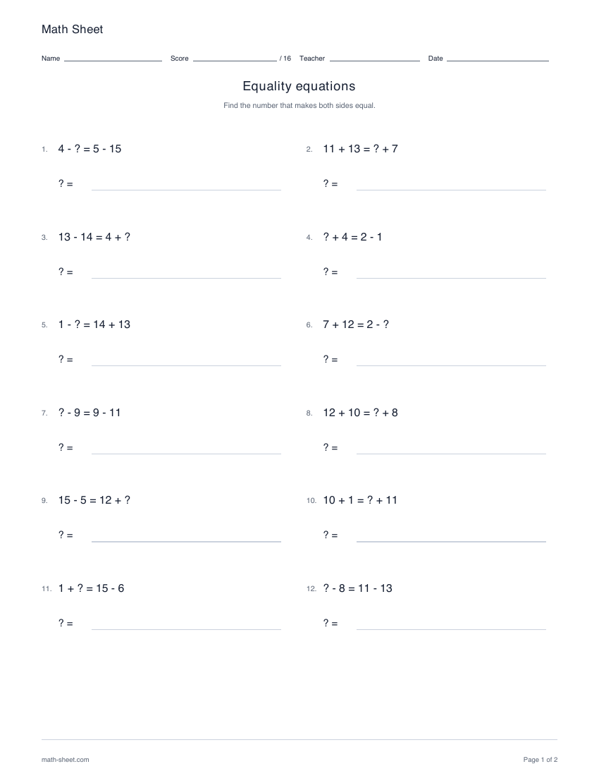 Printable equality equations worksheet preview
