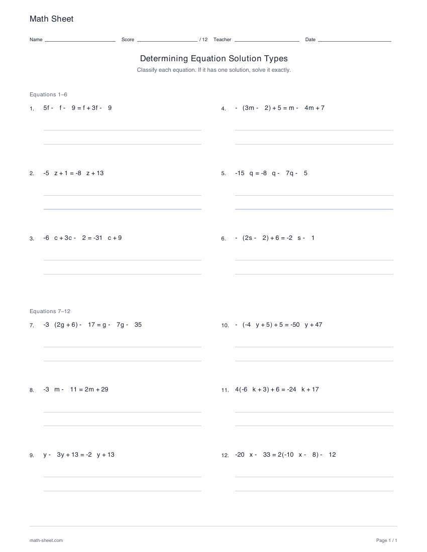 First page preview: Determining equation solution types worksheets