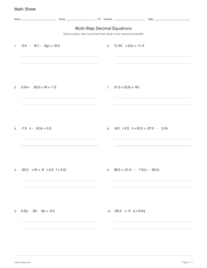 First page preview: Multi-step decimal equations worksheets