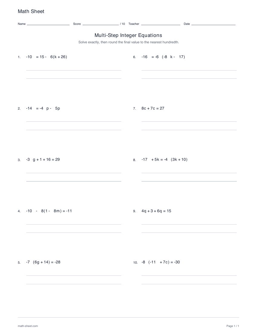 First page preview: Multi-step integer equations worksheets