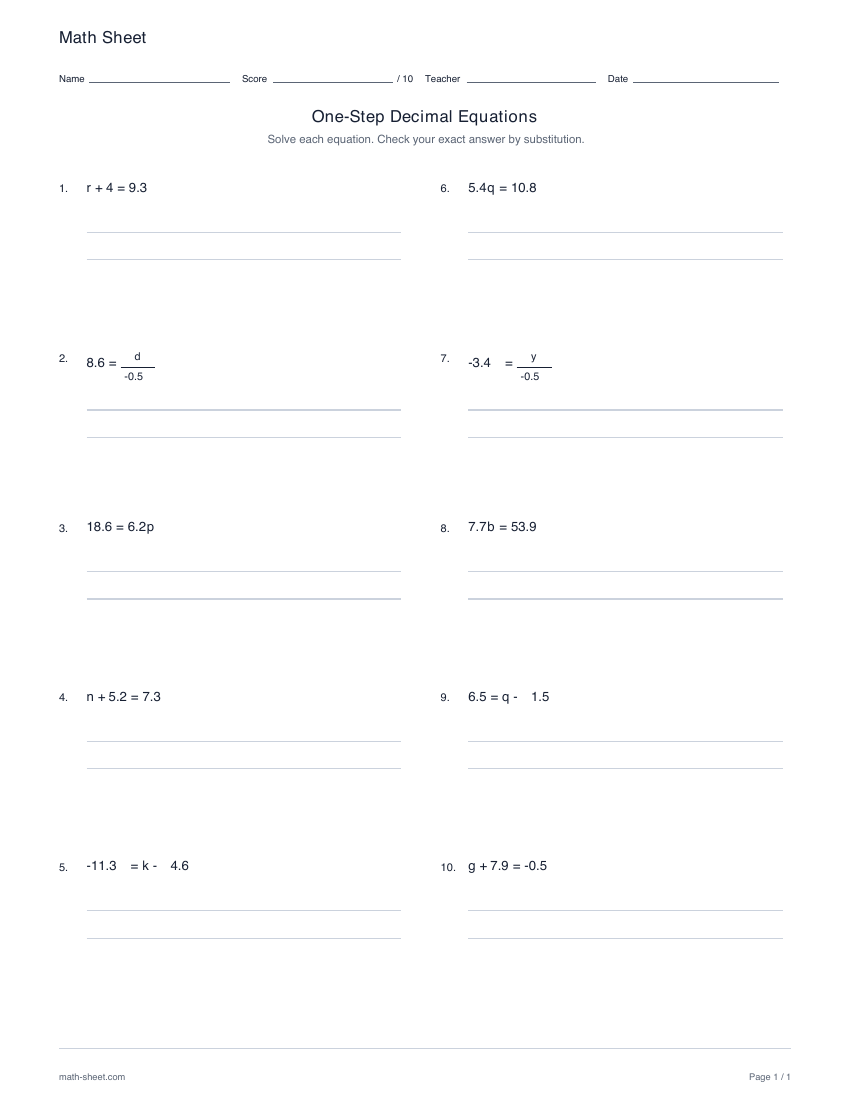 First page preview: One-step decimal equations worksheets