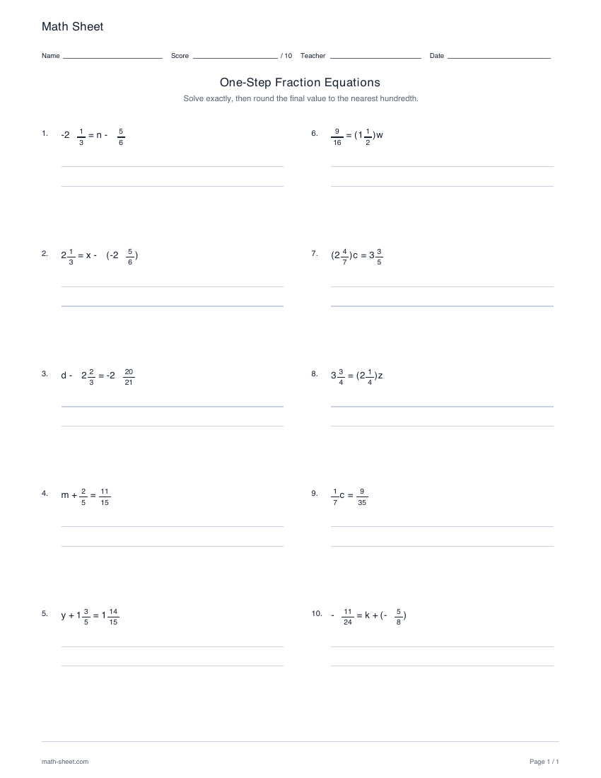 First page preview: One-step fraction equations worksheets