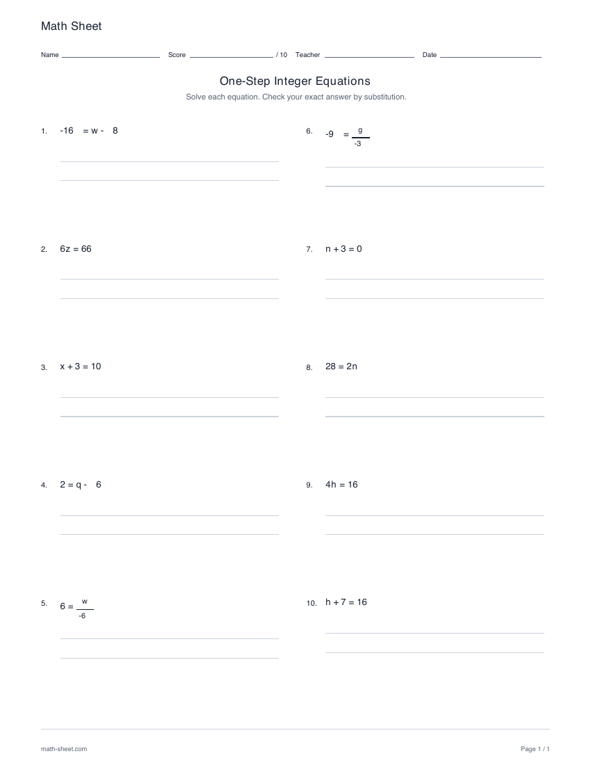 First page preview: One-step equations worksheet with integers